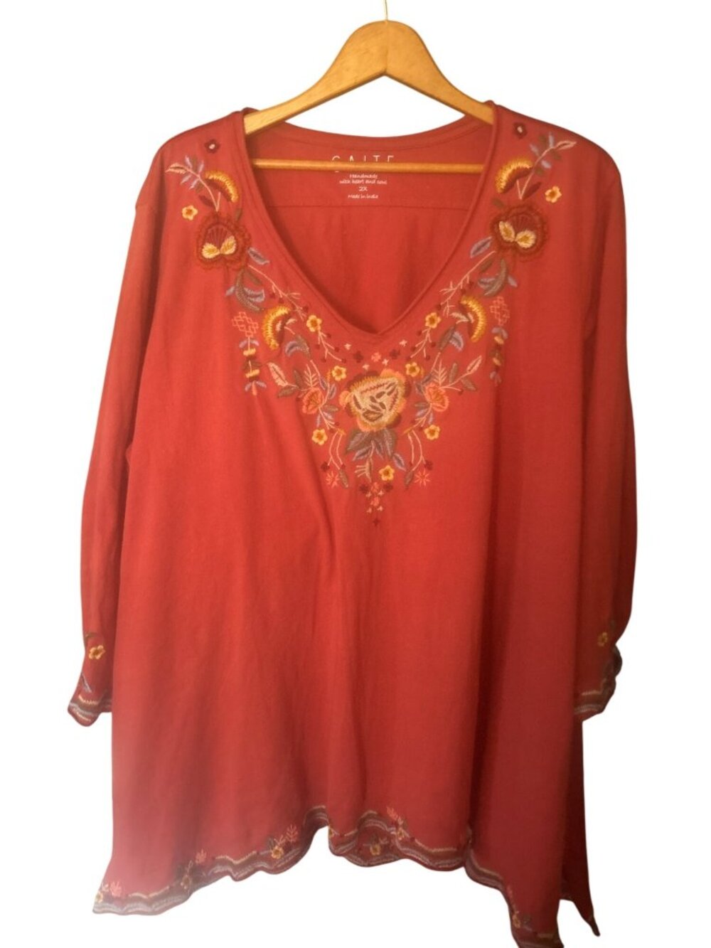 Caite Women’s Tunic Top Embroidered Cotton Orange Rust Boho Size 2X pullover